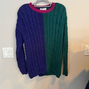 Vintage Nell Flowers Colorblock Cable Knit Sweater - Purple & Green